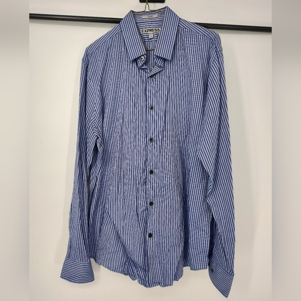 Express Men's Blue Vertical Stripe Dress Shirt Size Large